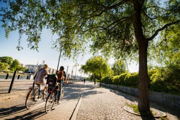 Cyclists by waterfront in Stockholm, Sweden