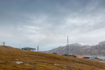 Mining village on mountain in Svalbard, Norway