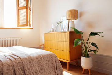 A laconic wooden chest of drawers with a lamp and...