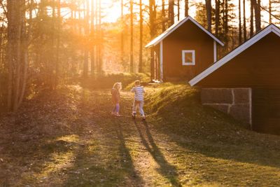 Lekande barn i vårens kvällsljus 