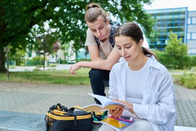 Two high school students guy and girl outdoor, school...